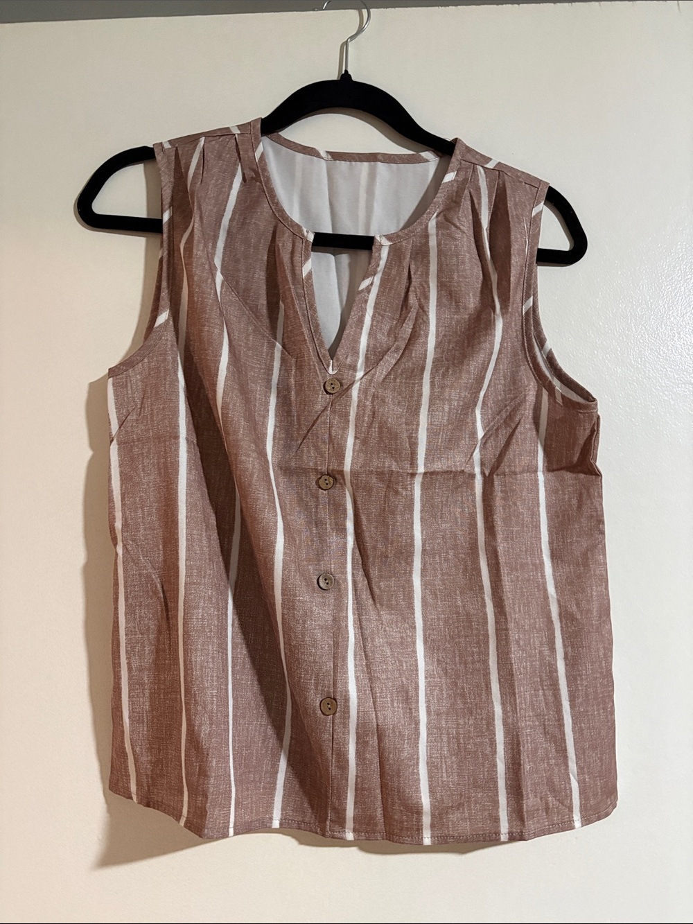 Sleeveless Button-Front Brown khaki Stripe blouse Top